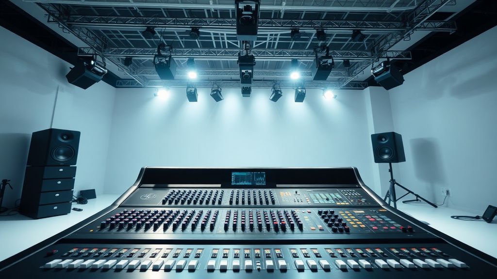 Consola de mezcla de audio profesional con numerosos faders, perillas y luces indicadoras de nivel, flotando en un entorno de estudio con fondo blanco puro.