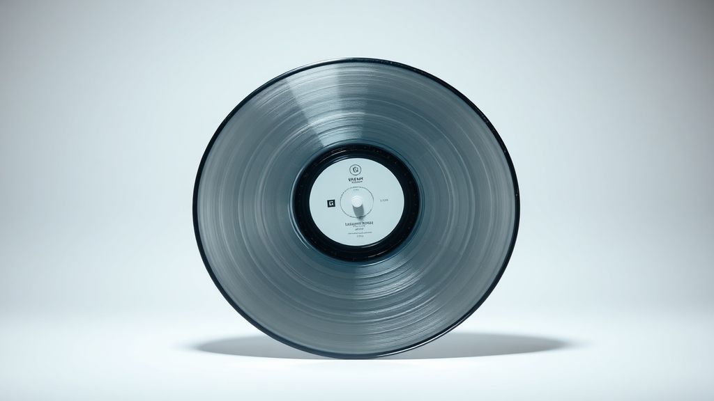 Disco de vinilo brillante y pulido, con surcos detallados, sobre un plato giratorio minimalista, con iluminación de estudio de clave alta y fondo blanco puro.