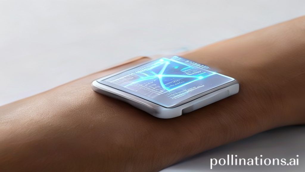 Dispositivo biosensor portátil sobre una muñeca mostrando datos de salud predictivos en una pantalla luminosa, con enfoque nítido y fondo blanco.