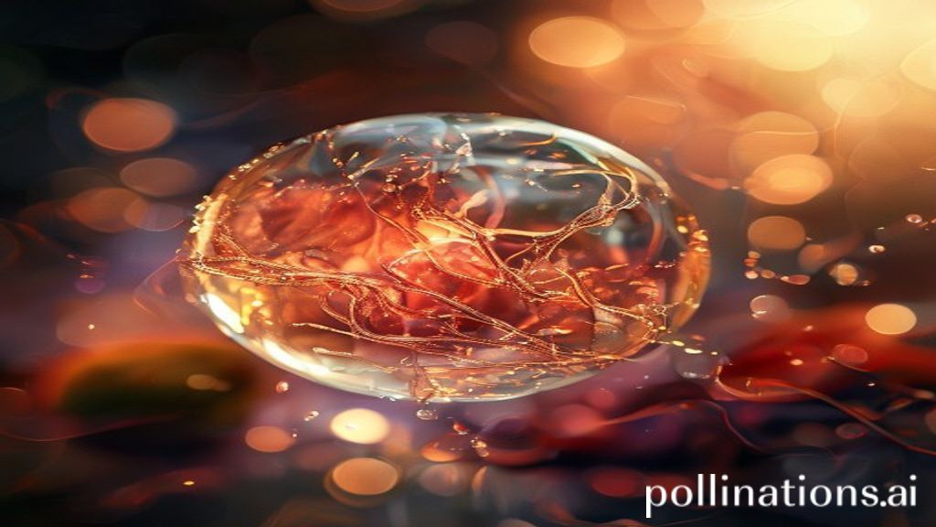 Globo místico brillante que representa emociones en conflicto, con zarcillos translúcidos que se extienden hacia siluetas de comida borrosas.