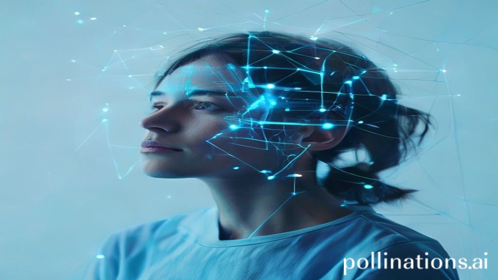 Persona en una sesión de terapia asistida por IA, con visualizaciones de datos sutiles alrededor de su cabeza, envuelta en una luz azul suave y esperanzadora.