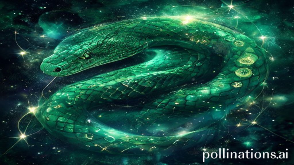Serpiente mística de color esmeralda entrelazada con símbolos cósmicos y estrellas, flotando en un espacio etéreo, representando la conexión espiritual y la sabiduría ancestral.