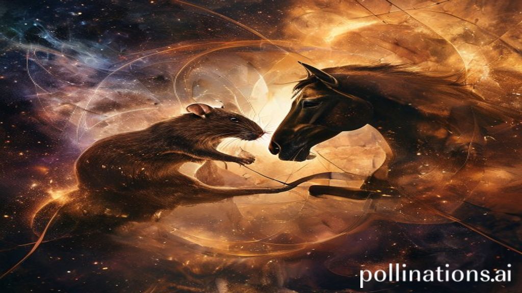 Stylized zodiac symbols of a rat and a horse in conflict, against a cosmic dust background.