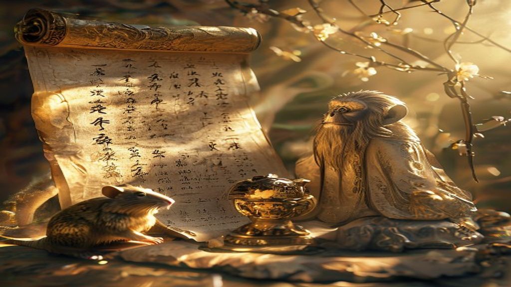 Representación abstracta de la alquimia del amor entre la rata y el mono, con símbolos entrelazados de corazón y mente, rodeados de un aura brillante que denota pasión y conexión profunda.
