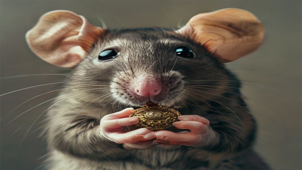 A detailed, close-up shot of a curious rat, eyes gleaming with intelligence, holding a small, intricate treasure in its paws, against a soft, muted background.