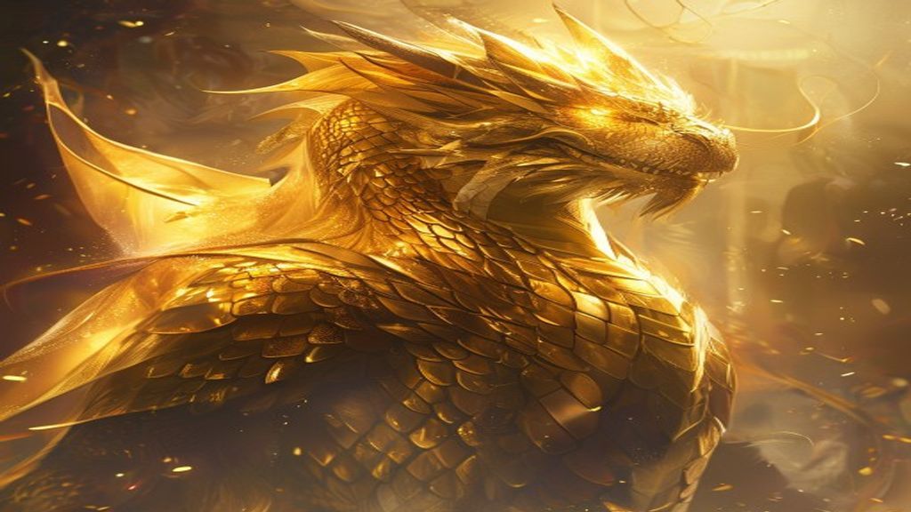 A powerful, wise dragon figure in an ancient, ethereal setting, exuding confidence and charisma, with golden scales glinting in the light.