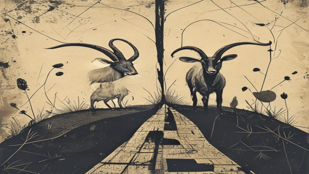 Dos caminos divergentes o un mapa conceptual con símbolos de rata y cabra, ilustrando diferencias de personalidad en un entorno urbano y otro natural.