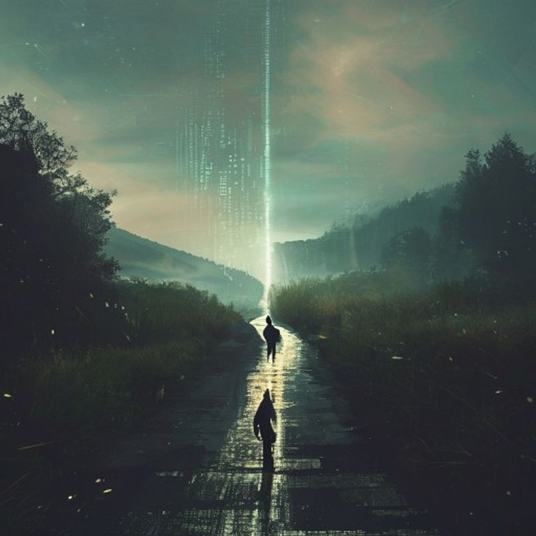 Una silueta humana solitaria de pie en una encrucijada, con un camino que brilla con código digital y el otro que conduce a un paisaje natural sereno.