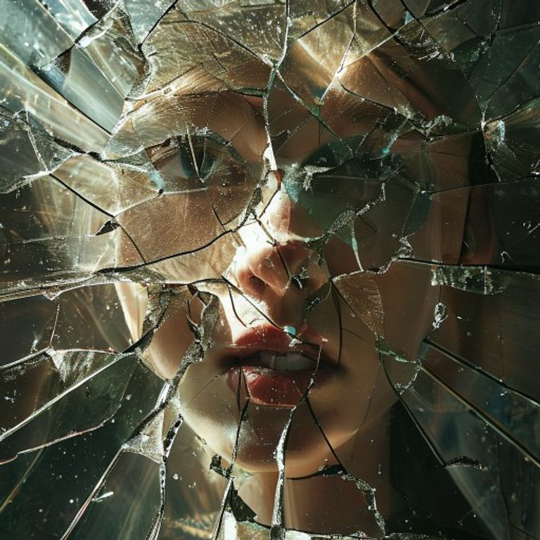 Un espejo roto que refleja un rostro humano fragmentado, con rayos de luz que comienzan a unir las piezas, simbolizando la pérdida del yo y el inicio de la recuperación.