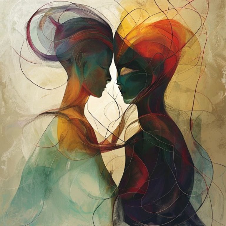 Concepto visual sobre la relación amorosa entre Rata y Perro, donde dos energías opuestas se entrelazan en un abrazo de apoyo.