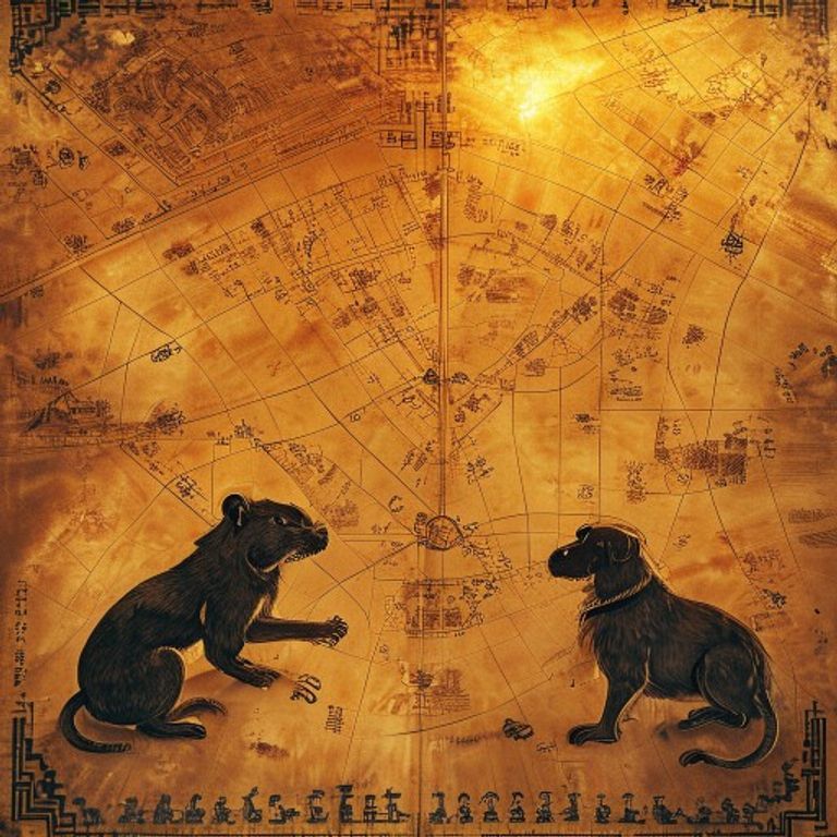 Representación de la alianza profesional entre la Rata y el Perro, mostrada como una estrategia conjunta en un antiguo mapa chino.