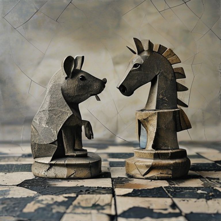 An abstract visual of a strategic but conflicted partnership, using chess pieces of a rat and a horse on a broken chessboard to symbolize their difficult dynamic and inherent clashes.