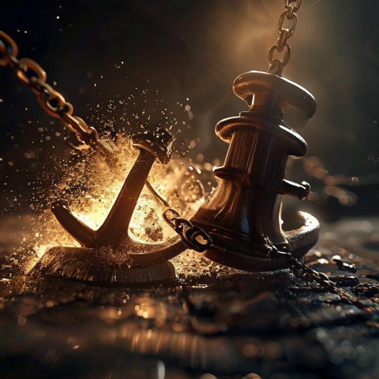 Un reloj de arena vaciándose sobre documentos legales y un barco de juguete, simbolizando la prescripción y extinción de los privilegios navales. Ilustración digital 3D.
