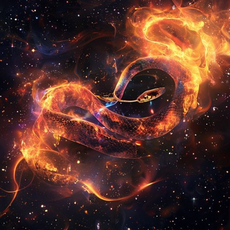 Ilustración del elemento Fuego asociado a la Serpiente, simbolizando su pasión y energía interna.