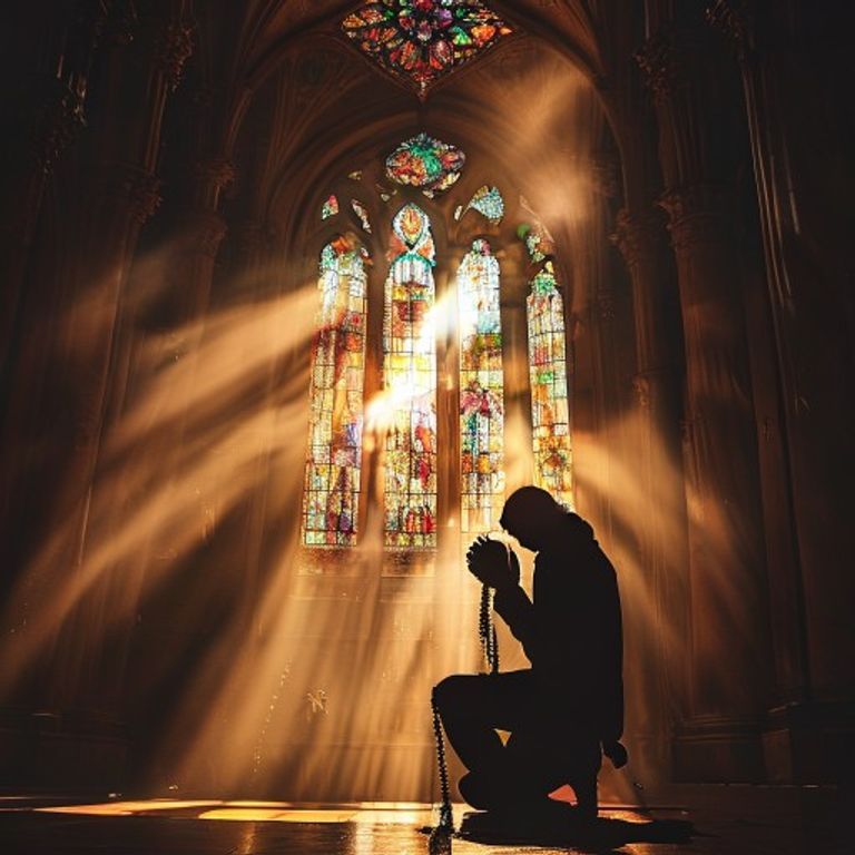 Un rosario cuelga de un banco de madera en una catedral antigua, con la luz tenue filtrándose por las vidrieras, simbolizando la devoción en un espacio sagrado.