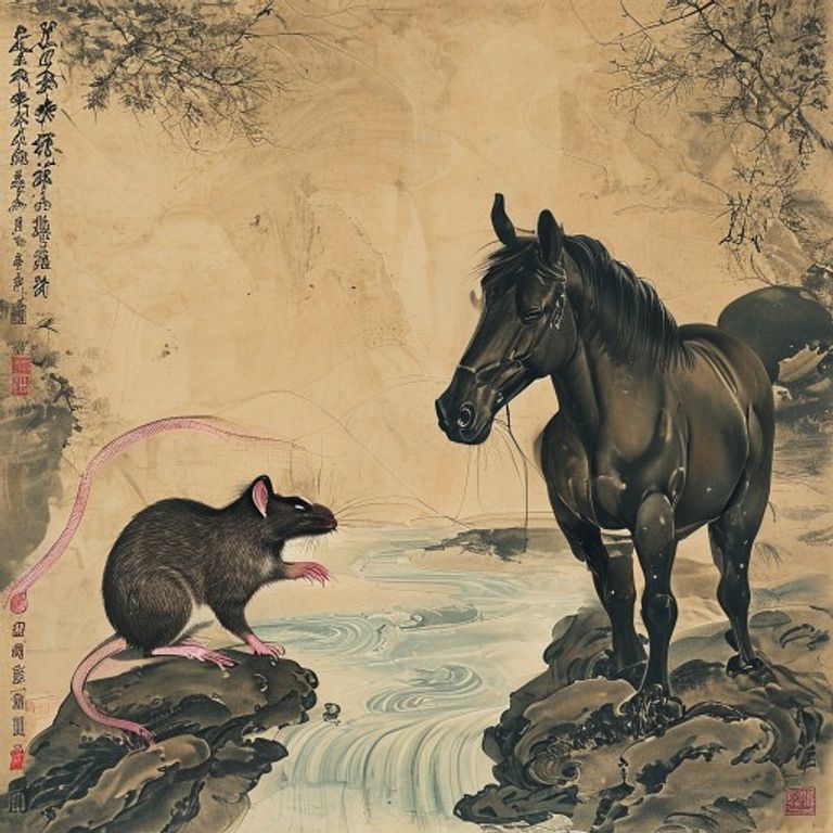 Simbología de la difícil conexión amorosa entre Rata y Caballo, representados en orillas opuestas de un río en un pergamino antiguo.