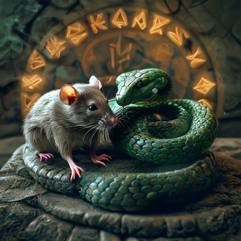 Rat and Snake Zodiac Alliance Stylized depiction of a rat and a snake intertwined, symbolizing their complex and powerful zodiac compatibility.