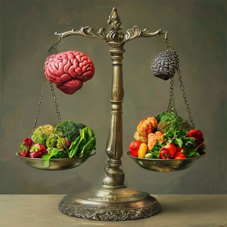 Representación visual de la balanza entre la salud mental y física, con elementos de nutrición y bienestar en equilibrio.