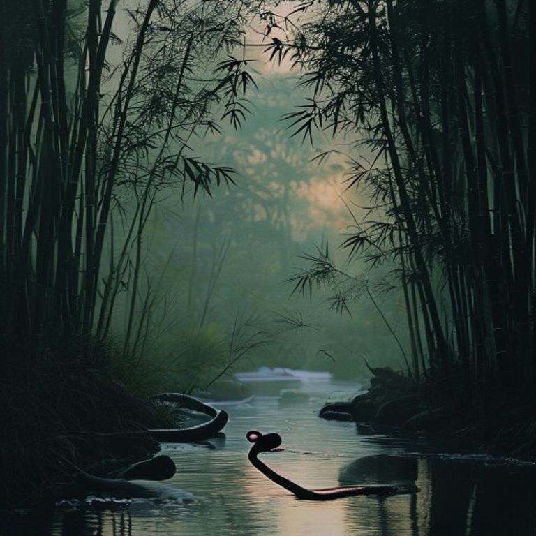 Paisaje sereno de un bosque de bambú con las siluetas de una rata y una serpiente, representando la paz y profundidad de su vínculo amoroso.