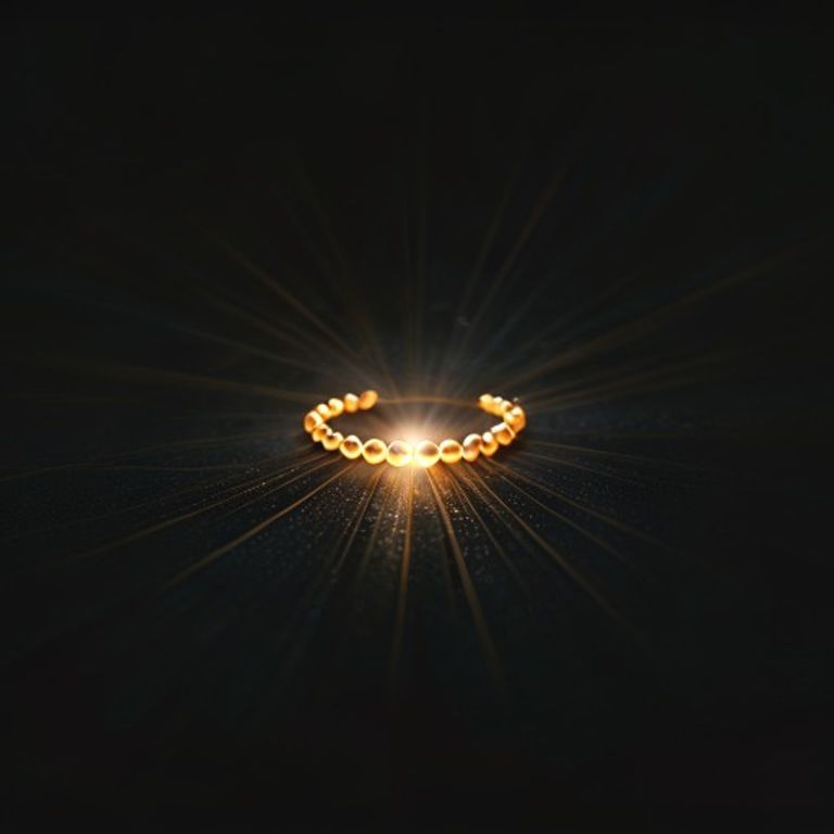 Detalle de una cuenta de rosario que emite una luz cálida, representando la gracia y la misericordia de Dios que se recibe con cada oración de la Coronilla.