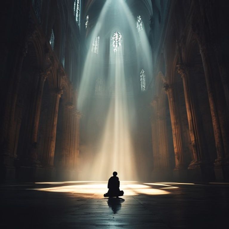 Una figura solitaria en oración dentro de una vasta catedral, iluminada por un haz de luz, simbolizando la conexión personal y profunda con Dios a través de la devoción.