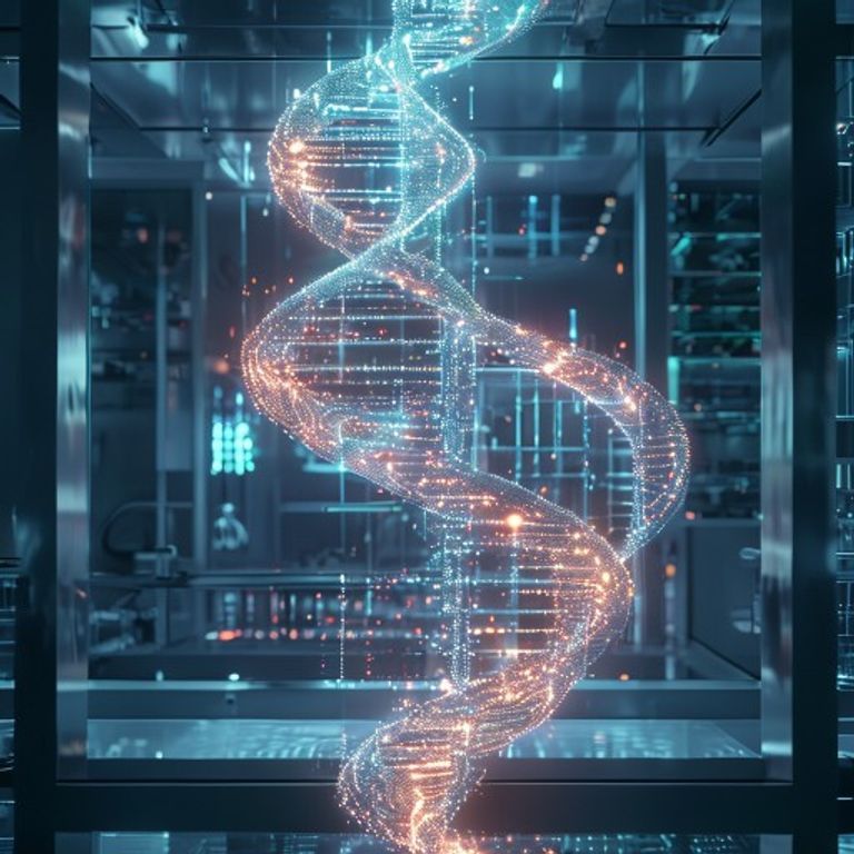 Concepto de biomedicina predictiva con una hélice de ADN digitalizada, mostrando el impacto de la IA en la salud personalizada.