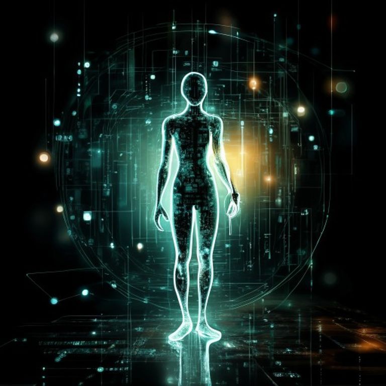 Ilustración sobre la ética algorítmica y la soberanía digital, con una figura humana protegiendo su identidad en un entorno de datos.
