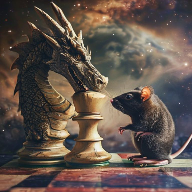 Concepto visual de la alianza estratégica en el amor entre una Rata y un Dragón, representada con piezas de ajedrez sobre un fondo romántico.