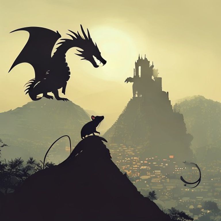 Imagen simbólica de la Rata y el Dragón como socios que han construido un futuro próspero juntos, con elementos de éxito y crecimiento.