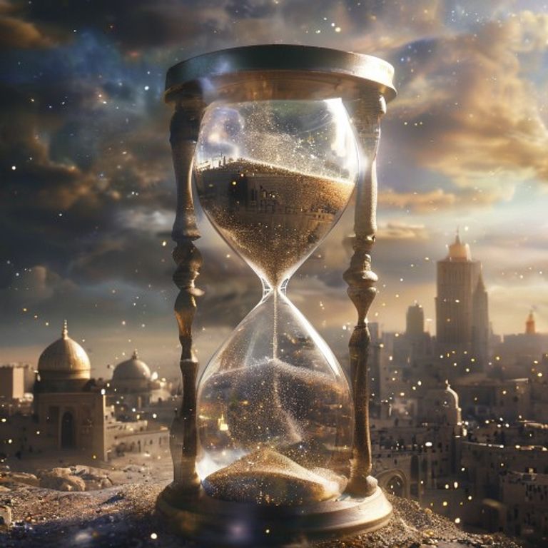 Un reloj de arena cósmico que conecta la antigua Jerusalén con una ciudad del futuro, representando el tiempo profético.