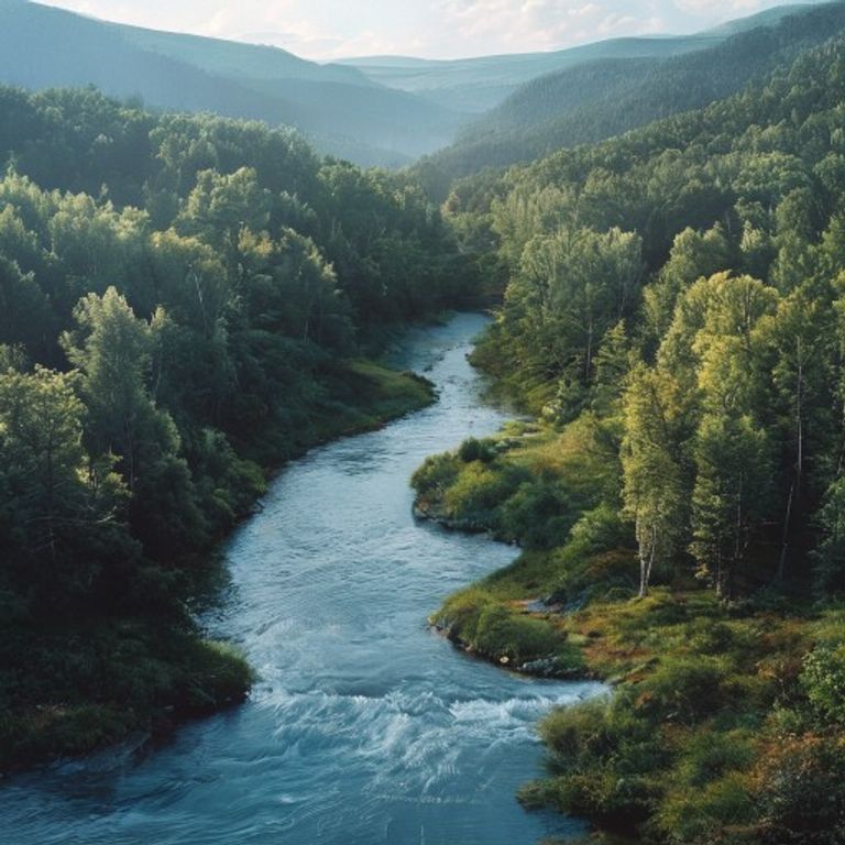 A serene landscape with a calm river flowing through a vibrant forest, symbolizing harmonious coexistence.