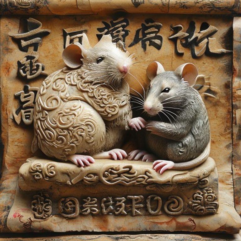 Escultura de jade que simboliza la unión armoniosa y próspera de una pareja de Ratas, destacando su lealtad y objetivos comunes.