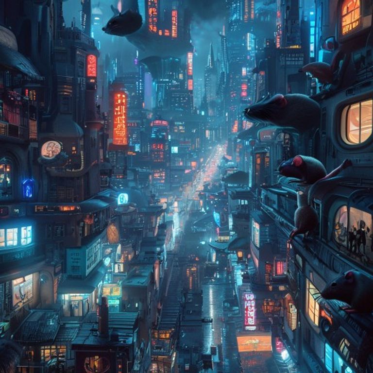 Paisaje urbano futurista que evoca la inteligencia, el éxito y el sentido de comunidad que pueden construir dos Ratas trabajando juntas.