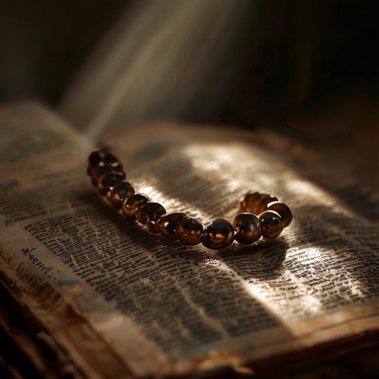 Un rosario de cuentas pulidas descansa sobre una Biblia abierta, cuyas páginas amarillentas muestran un pasaje bíblico. La luz suave ilumina la escena, creando un ambiente de devoción y estudio espiritual. Los objetos están dispuestos sobre una superficie de madera rústica, sugiriendo un momento de reflexión y oración profunda.