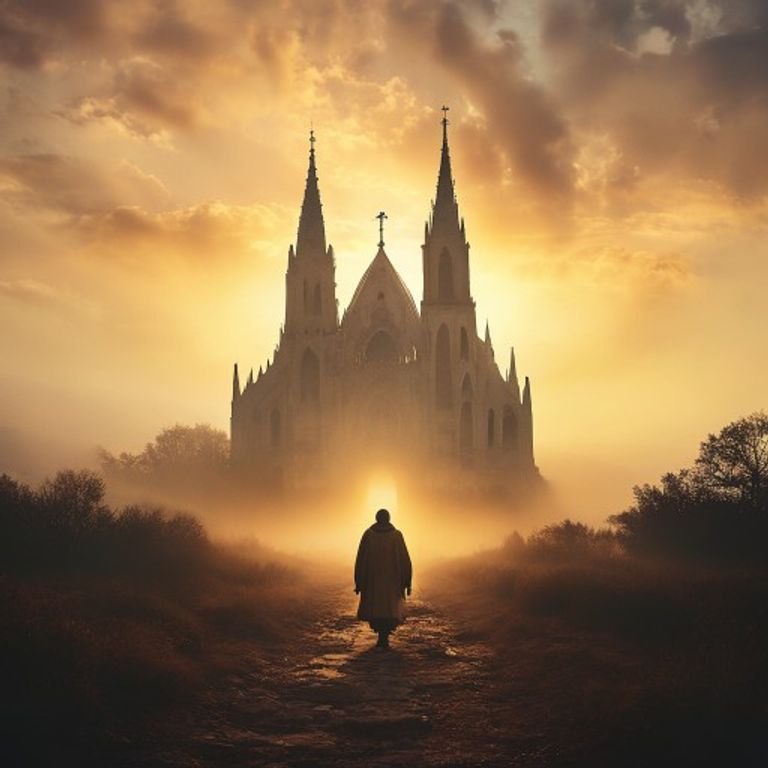 Un peregrino solitario camina por un sendero de montaña al amanecer, con una mochila y un bastón, dirigiéndose hacia una majestuosa catedral que se vislumbra en la distancia. Los rayos dorados del sol iluminan el camino, simbolizando la esperanza y la guía divina en el viaje espiritual. La escena transmite una sensación de propósito y búsqueda interior.