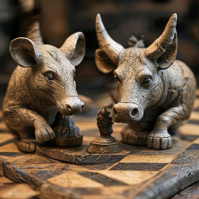 Two intricately carved wooden figures, a Rat and an Ox, positioned on a strategic game board, representing their calculated and successful partnership in business and life.