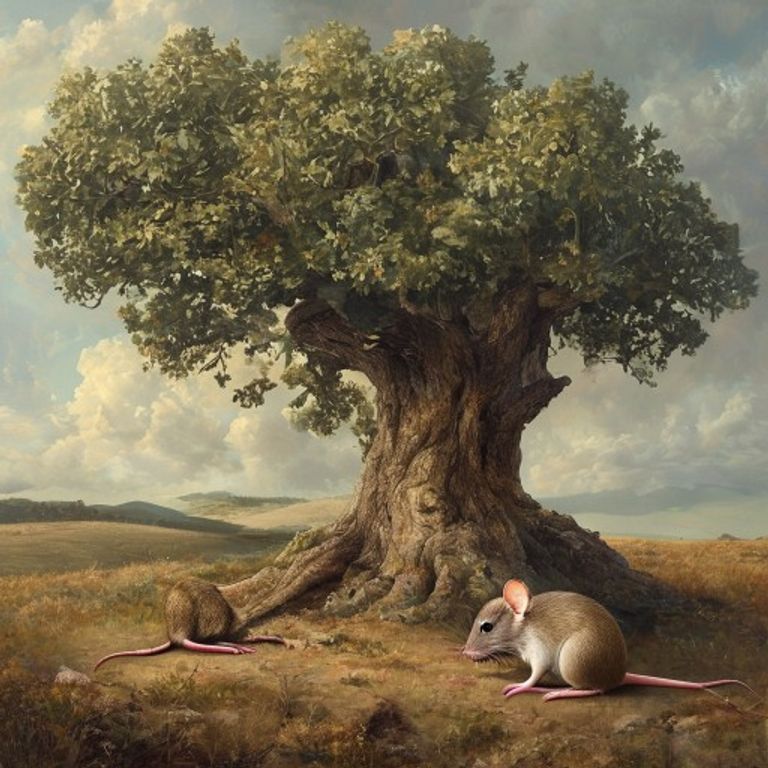 A hyperrealistic image of a sturdy oak tree, symbolizing the Ox, providing shelter to a clever field mouse, symbolizing the Rat, in a peaceful meadow.
