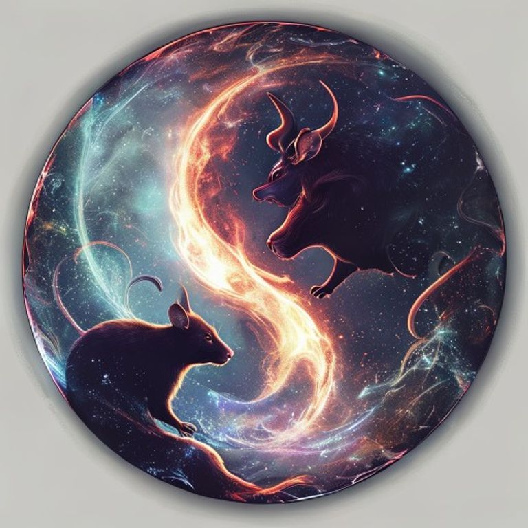 Un símbolo del yin y el yang brillante con las siluetas de una Rata y un Buey en su interior.