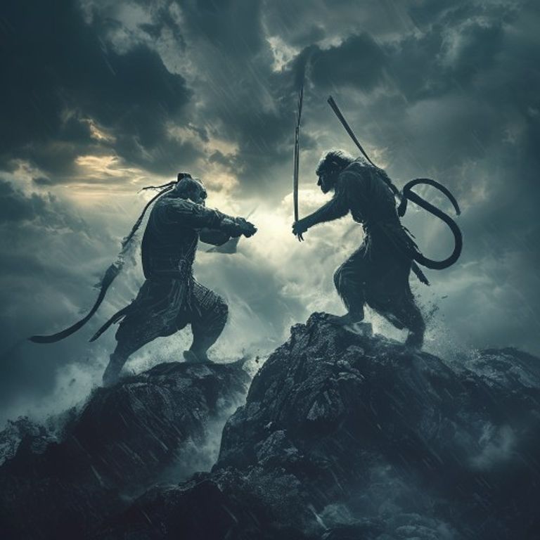 Siluetas de dos guerreros antiguos, representando signos opuestos, en un enfrentamiento en la cima de una montaña.