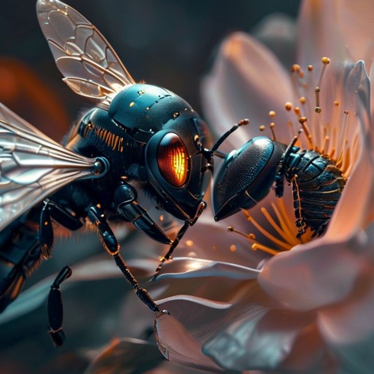 Primer plano de una abeja robótica polinizando una flor metálica, representando la simbiosis entre tecnología y naturaleza.