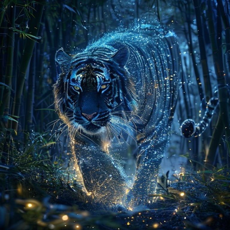 Imagen conceptual de un tigre formado por estrellas, simbolizando el poder, el carisma y la naturaleza audaz del signo del Tigre en la astrología china, en un cielo nocturno estrellado.