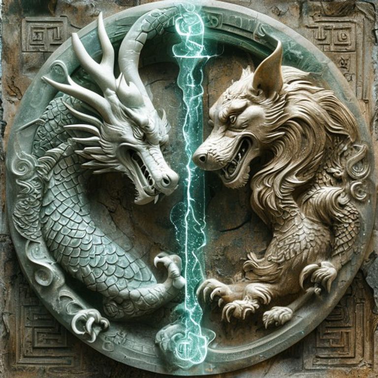 Imagen simbólica de un conflicto kármico en la astrología china, mostrando dos signos opuestos (Dragón y Perro) en una confrontación energética.