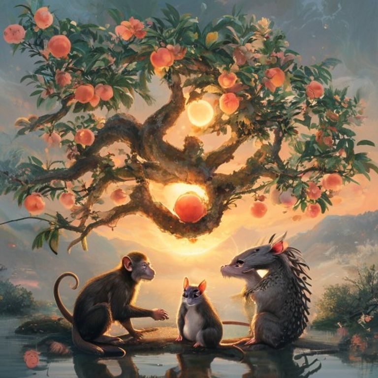 Ilustración de un triángulo de afinidad kármica del horóscopo chino, con los signos aliados del Mono, la Rata y el Dragón en perfecta armonía.
