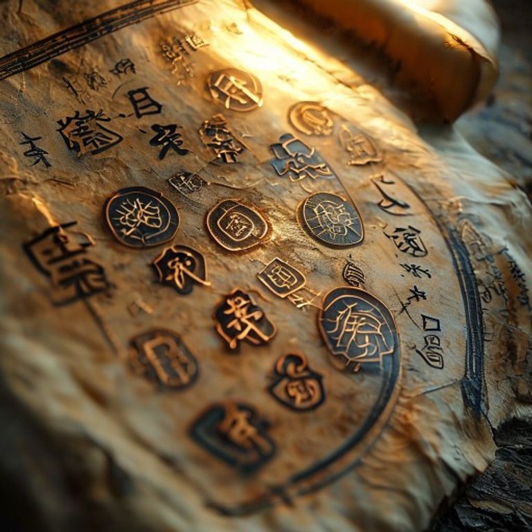 Un antiguo pergamino chino desplegado que muestra los símbolos caligráficos de los ciclos de creación y destrucción de los cinco elementos.