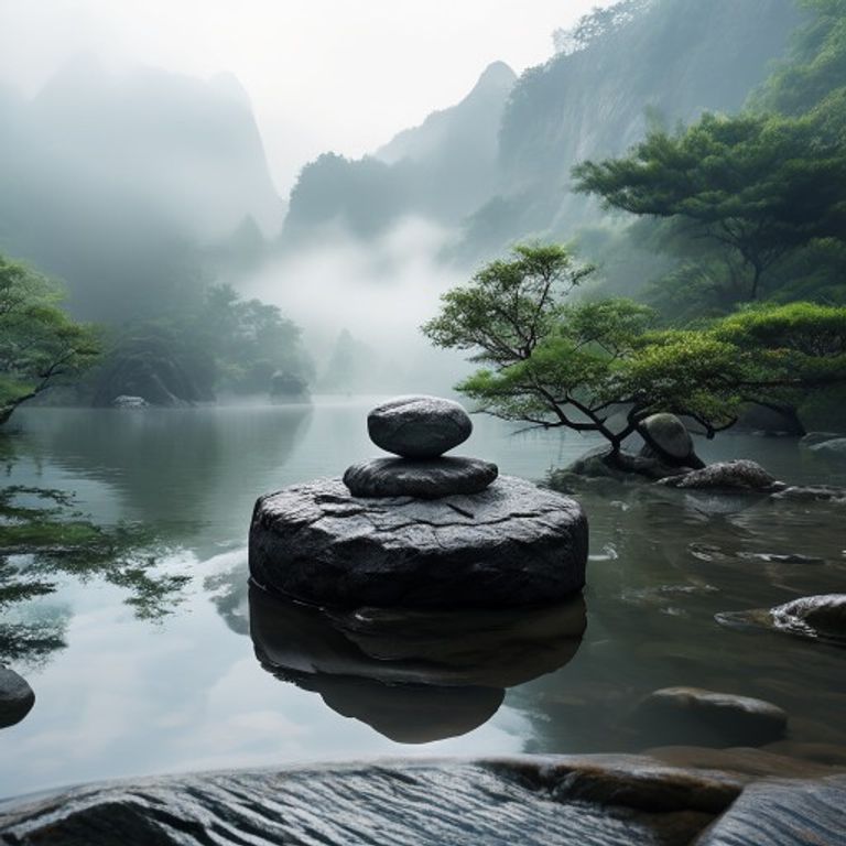Un jardín zen con una pila de piedras perfectamente equilibradas, simbolizando la armonía y el equilibrio de los elementos de la naturaleza.