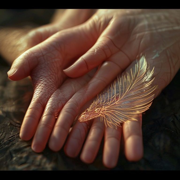 Close-up of two hands with glowing dragon and phoenix patterns, symbolizing a deep karmic bond.