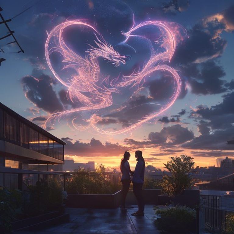 A couple overlooking a city at twilight with celestial dragon and phoenix forms in the sky, representing a shared destiny.