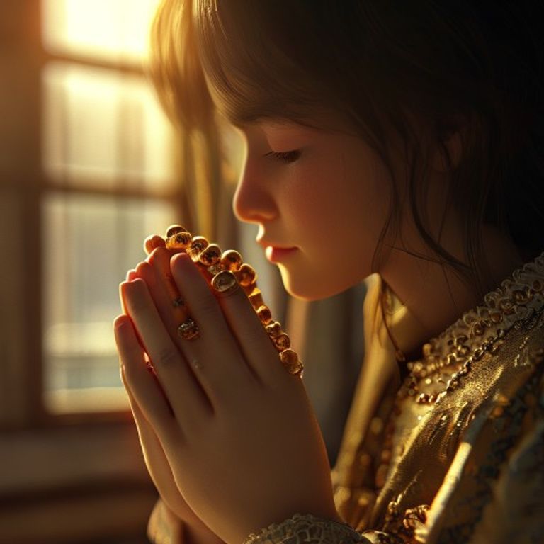 Imagen detallada de unas manos en oración con un rosario, representando la devoción y la fe necesarias para cultivar la virtud de la modestia.