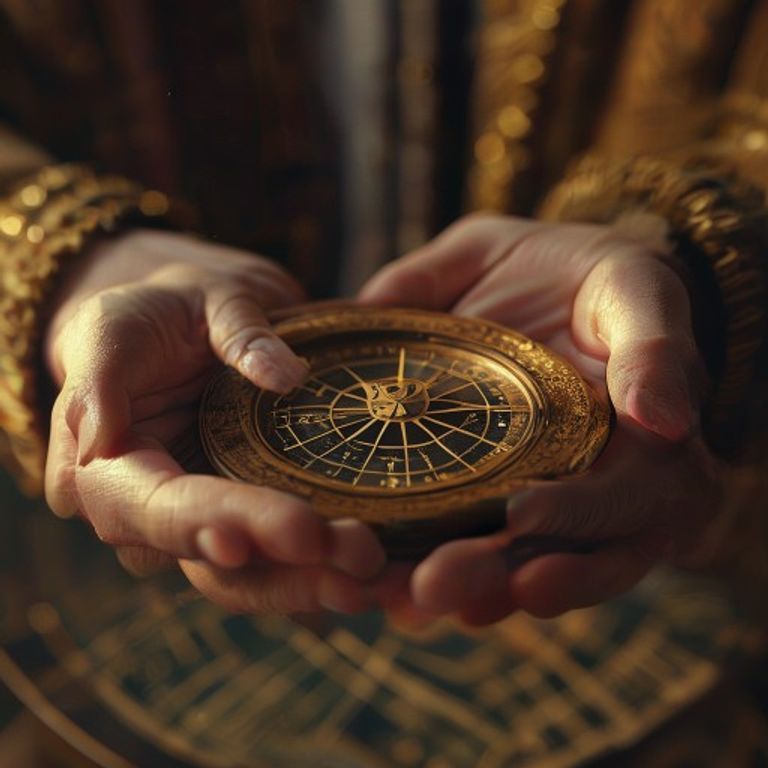An astrological compass with zodiac symbols and elemental representations, illustrating the interplay of elements and Yin-Yang in Chinese astrology.