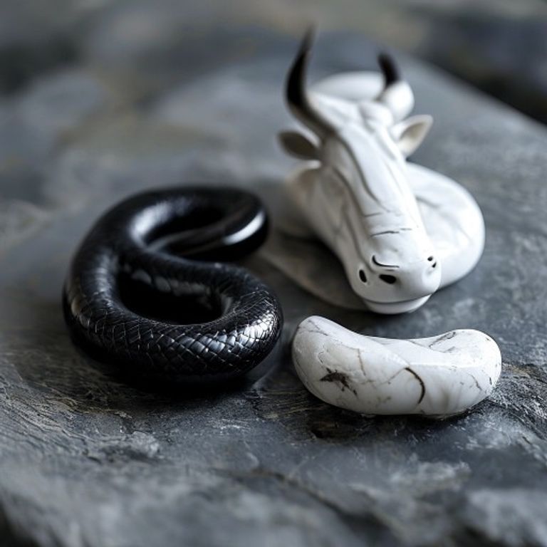 Símbolos de la Serpiente y el Buey que representan la fuerte compatibilidad y armonía en las relaciones según la astrología china.